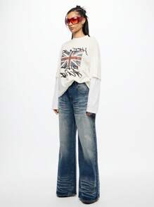 SUMWON WOMEN Pantalones vaqueros holgados de pierna ancha, lavado vintage, de cintura alta, de ajuste relajado, estilo Y2K, ropa de calle, pantalones vaqueros casuales de moda de otoño e invierno