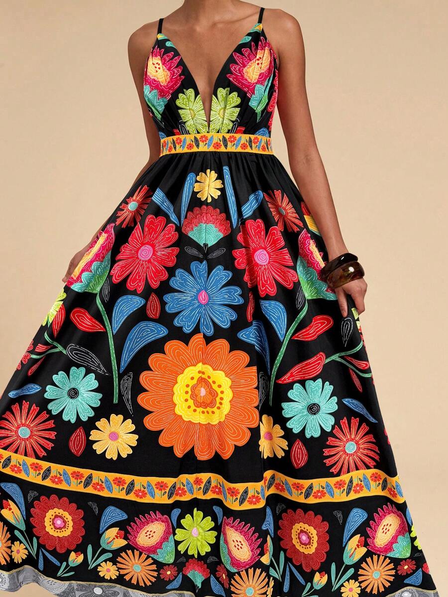 Travachic 女士花卉印花低胸细肩带连衣裙，性感海滩度假风格，度假沙滩裙 - 黑色 - 查看 1