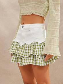WESTFADE Western Mixed Media Spring Floral Eyelet Gingham Checkered Plaid & Denim Frayed Ruffle A Line Mini Cowgirl Skirt Spring Break Summer Vacation - Multicolor - View 3