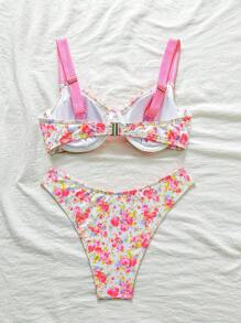 Swim Mod Damski letni zestaw bikini z marszczeniami w drobne kwiaty, uroczy i romantyczny
