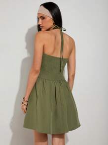 COSMINA Women's Green Halter Mini Dress: Sleeveless Woven Casual Dress With Chain Detail - Green - View 2