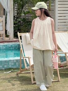 Dazy Kids 2pcs Tween Girl Crew Neck Sleeveless Top And Striped Woven Long Pants Set, Summer - Apricot - View 5
