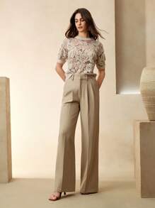 Anewsta 女款秋季花卉网眼圆领短袖针织上衣 女款春季 - 杏色 - 查看 6