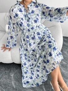 Modelyn Elegant Random Floral Print Chiffon Ruffled Collar Plus Size Women Dress - Blue - View 6