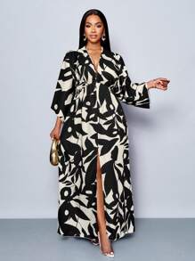 SOLERSUN 女士节日花卉印花 V 领长款优雅荷叶边袖荷叶边开叉大腿长裙，适合度假、约会和日常穿着