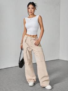 SHEIN PETITE Women's Solid Color Round Neck Pleated Cropped Fitted Tank Top - White - View 5