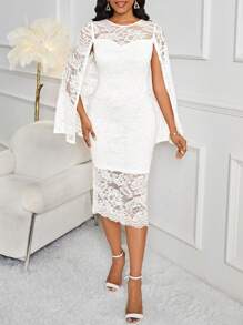 SHEIN Lady White Lace Patchwork Cape Style Bodycon Dress For Women, Suitable For Work And Parties Teacher Dress Birthday Outfit Homecoming Dresses Women Vintage Clothes