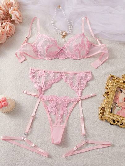 5pcs/Set Women's Sexy Lingerie With Floral Embroidery, Mesh And Bow Decor Bowknot For Going Out
