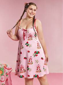 Strawberry Shortcake X SHEIN 加大码草莓印花吊带睡裙女加大码夏季连衣裙系带上衣 Y2k 女式可爱睡衣女式夏季睡衣女式 S 睡衣草莓裙草莓衣服女式睡衣裙