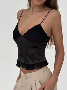 Aloruh Camiseta ajustada para mujer con tirantes finos y encaje con diseño de espina de pescado