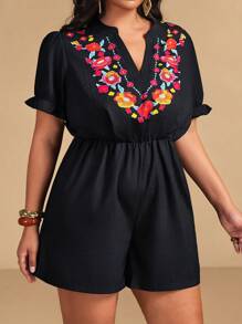 SHEIN Clasi Tuta jumpsuit estiva casual da donna taglia comoda con maniche a sbuffo, scollo a V, vita stretta, stampa floreale in rilievo, adatta per vacanze - Multicolore - Visualizzare 7