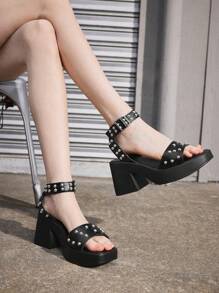 Sugerpunk Women's Black High Heel Sandals, Summer Open Toe One-Buckle Strap Chunky Heel Goth Punk Rock Shoes