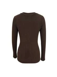INAWLY 1pc Women's Solid Color V-Neck Raglan Long Sleeve Casual T-Shirt Fall Cloth For Women - Brown - View 2