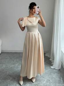 Elenzga Vestido largo de verano elegante en color albaricoque sólido para mujeres
