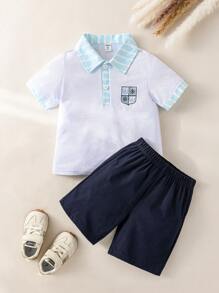 SHEIN Young Boy Boys' (Small) Casual Minimalist Striped Collar Short Sleeve POLO Shirt And Contrasting Color Shorts Set, Suitable For Summer