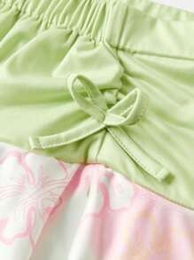 青少年女孩迷你超级裙带衬里短裤，多层蛋糕设计印花裙，甜美度假风格 - 綠色 - 查看 3