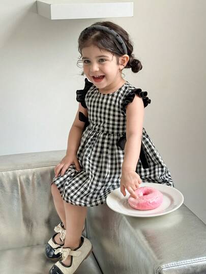 SHEIN LMoss Kids 女婴夏季可爱黑白格子蝴蝶结装饰连衣裙