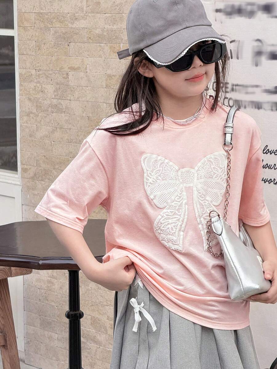 DAZY Tween Girl Round Neck Knit Short Sleeve Butterfly Print T-Shirt, Spring/Summer, Back To School Clothes - Pink - View 1