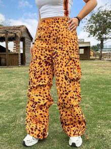 SHEIN EZwear بنطلون عملي كاجوال مناسب للمقاسات الكبيرة ذو رباط أمامي، طراز فينتاج أمريكي بنقشة نمر وبولكا دوت للربيع - أصفر - مشاهدة 3
