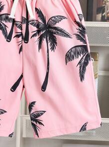 SHEIN Set de 2 piezas de camisa tipo polo de punto acanalado y shorts para niño preadolescente de vacaciones