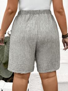 SHEIN LUNE Plus Size Women's Solid Color Waist Tie Pocket Casual Shorts Spring For Women Summer Summer Easter Women Western Wear Women Summer For Women Vacation Summer Women Shorts - Grey - View 2