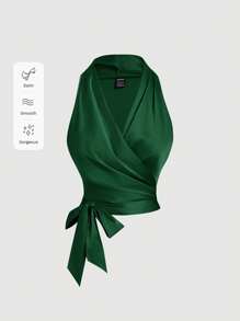 SHEIN MOD Top sans manches à nœud dans le dos et croisé vintage vert pour femme