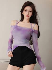 Modelyn Women's Long Sleeve Halter Neck Tie Shoulder Print Top - Purple - View 4