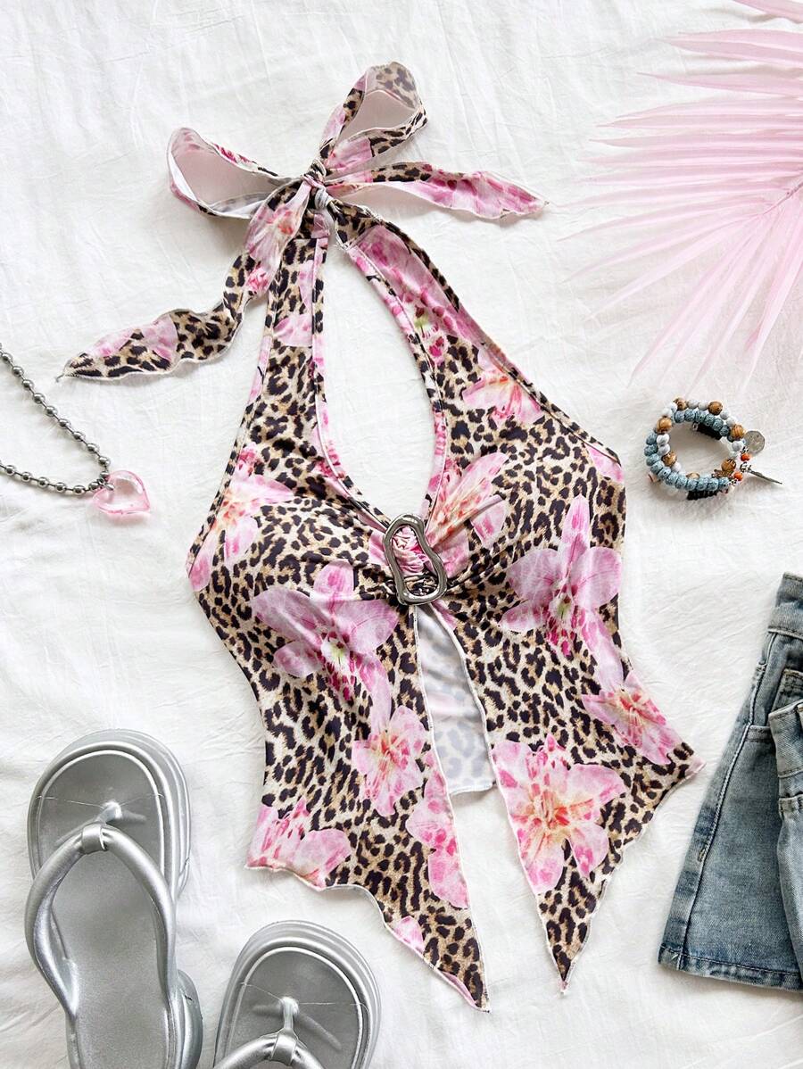 Soleia Áo ba lỗ dây mảnh họa tiết da báo màu hồng họa tiết hoa thường ngày đi nghỉ mát bằng kim loại - Nhiều màu - Xem 1