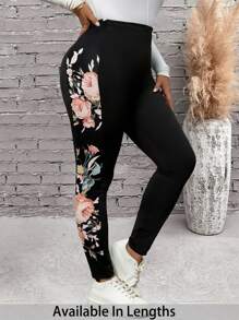 SHEIN PETITE CURVE Plus Size Casual Floral Print Patchwork Leggings - Black - View 1