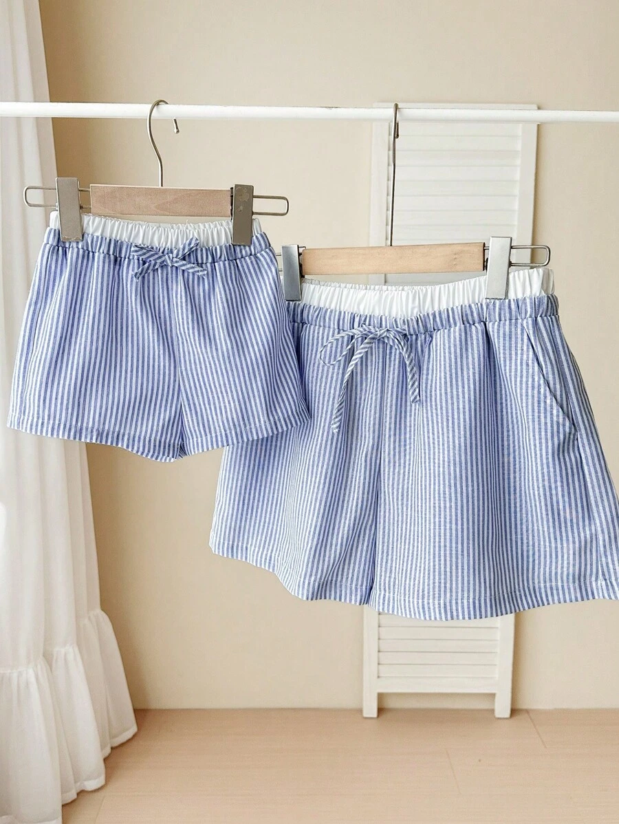 SHEIN Babygirl Casual Striped Elastic Waist Shorts, Summer Versatile, (Mommy And Me Matching Outfits, 2 Pieces Sold Separately) - Blue - View 1
