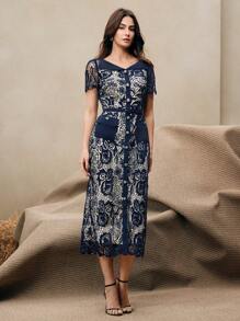 Anewsta 女士时尚蕾丝边腰部收腰中长连衣裙，短袖，优雅，夏季 - 藏蓝色 - 查看 4