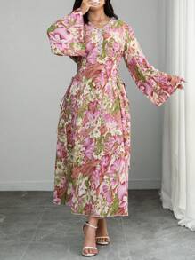 Modelyn Plus Size Woven Floral Print Long Sleeve Tie Waist Ruffle Hem Dress