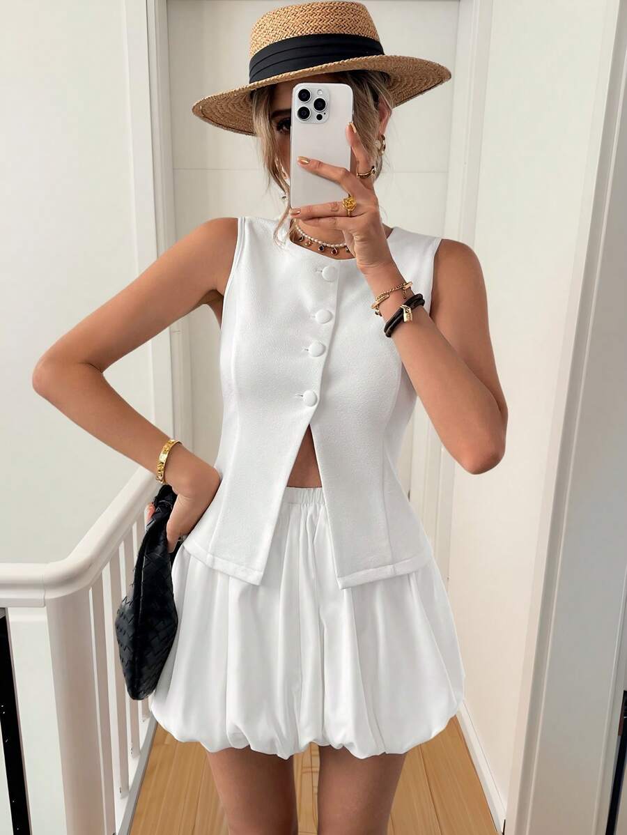 SHEIN LUNE 2pcs/Set Fashionable Open Slit White Blazer Vest Top + Pleated Floral Knee Length Skirt Set Dresses For Women Elegant Birthday Outfits For Women Date Night Outfits Women