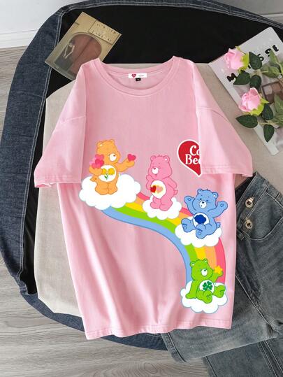 SHEIN X Care Bears 卡通熊印花圆领短袖T恤，夏季