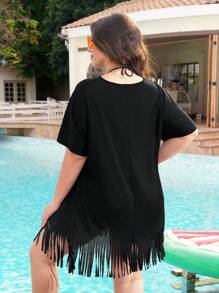 Swim Lushoire Women Plus Size Printed V-Neck Short Sleeve Loose Beach Coverup For Summer Beach Vacation - Black - View 2