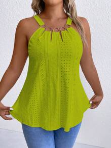 SHEIN LUNE Plus Size Vacation Casual Solid Color Hollow-Out Embroidery Tank Top