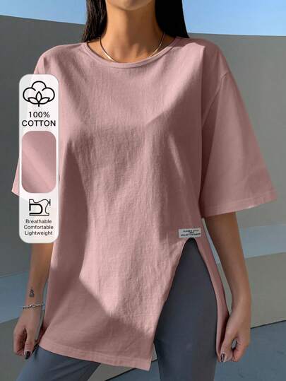 DAZY Letter Patched Detail Split Hem Drop Shoulder Tee