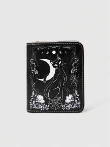ROMWE Grunge Punk Gothic Creativity Moon & Black Cat Multi-Function Zipper Card Holder With Bifold Wallet - Black - View 3