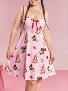 Strawberry Shortcake X SHEIN 加大码草莓印花吊带睡裙女加大码夏季连衣裙系带上衣 Y2k 女式可爱睡衣女式夏季睡衣女式 S 睡衣草莓裙草莓衣服女式睡衣裙