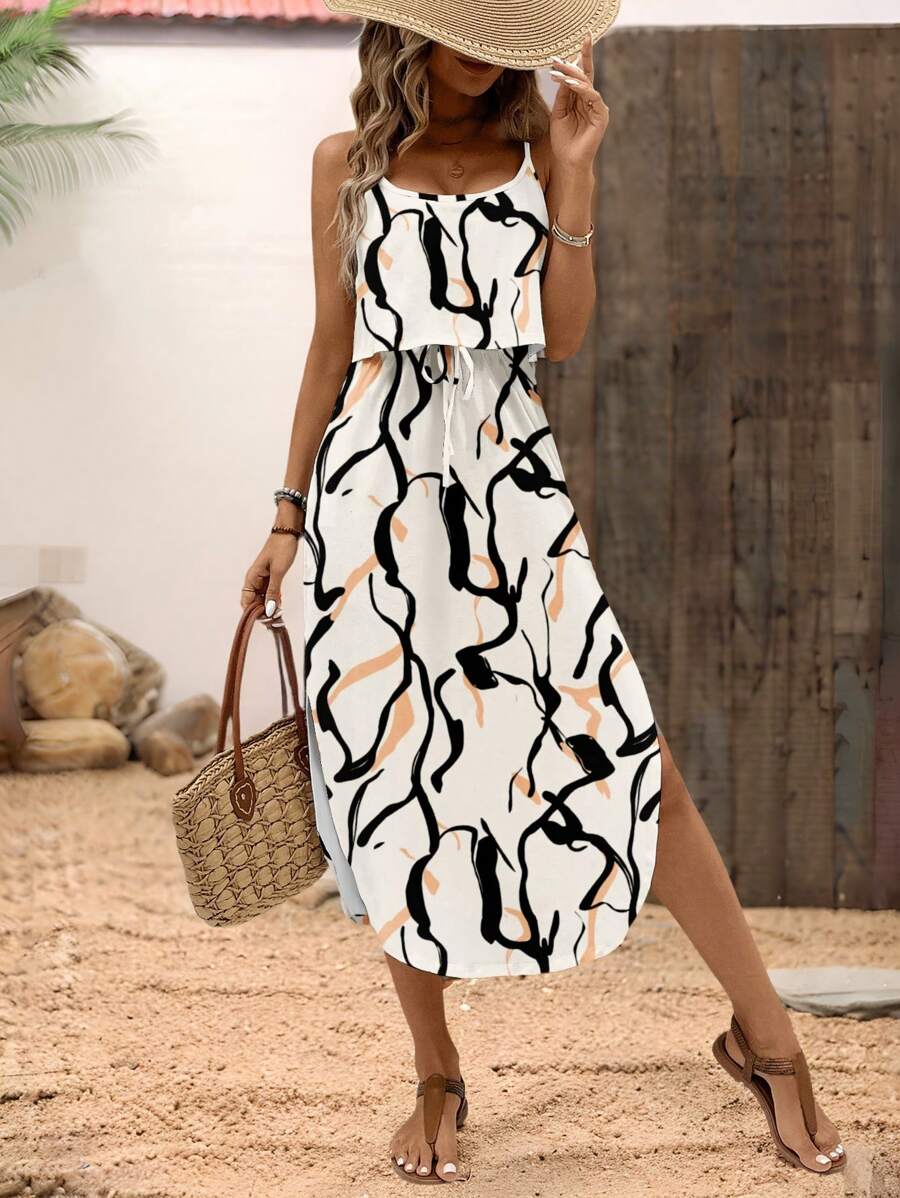 SHEIN LUNE Women's Summer Skin-Friendly Tie-Dye Waist-Drawstring High Slit Plus Size Dress - Multicolor - View 1