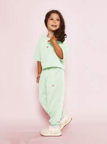 SUMWON Kids Butterfly Logo Two-Piece Leisure Set Boxy Crop Top Baggy Sweatpants Cozy Spring Fall Outfit Matching Wear Tracksuit Comfortable Play Set - Mint Green - View 5