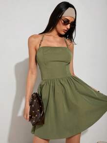 COSMINA Women's Green Halter Mini Dress: Sleeveless Woven Casual Dress With Chain Detail - Green - View 6
