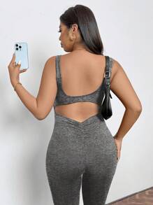 SHEIN Privé Große Größen Lässig Sport Yoga Sommer einfarbige Hose mit Ausschnitten, enger Romper Jumpsuit - Grau - Übersicht 4