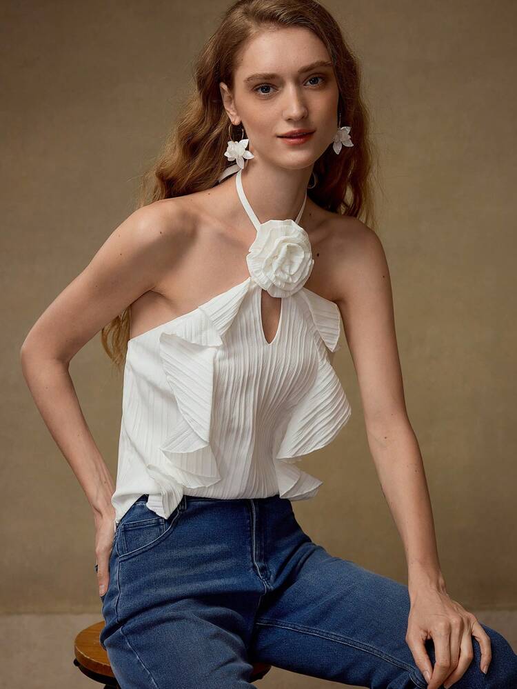 STEREO FLORAL RUFFLED HALTER TOP