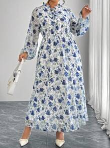 Modelyn Elegant Random Floral Print Chiffon Ruffled Collar Plus Size Women Dress - Blue - View 5
