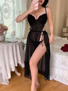 SHEIN Women's Lace Contrast Mesh High Slit Cami Nightdress - Black - View 4