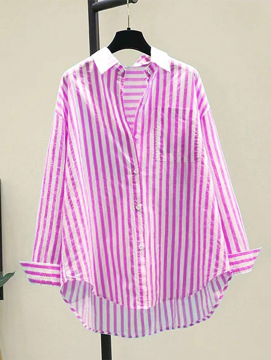 INAWLY Women's Casual Striped Print Long Sleeve Chest Pocket Shirt, Autumn &Winter Fall Cloth For Women - Mauve Purple - View 1
