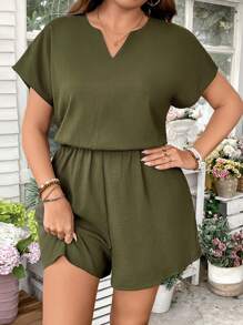 SHEIN LUNE Plus Size Women V-Neck Solid Color Casual Romper Overalls Women Summer Outfits For Women Women Clothing Vacation Romper Summer Outfits For Women - Army Green - View 4