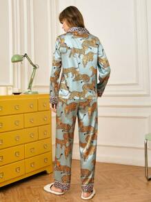 Chillnights Set de 2 piezas de pijama con bloqueo de color estampado de leopardo para mujer, temporada de vacaciones