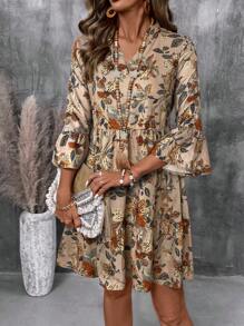 EMERY ROSE 女士度假花卉印花缺口 V 领荷叶边下摆短款连衣裙